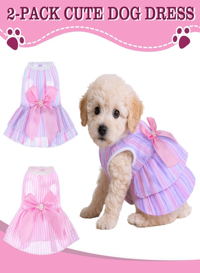 Telooco 2 Pcs Small Dog Dresses, Vertical Stripes with Bows Dog Outfits for Small Dogs Girl, Pet Dresses for Chihuahua Yorkshire Terrier Puppies and Cats (Pink, Purple,M) - Image 2